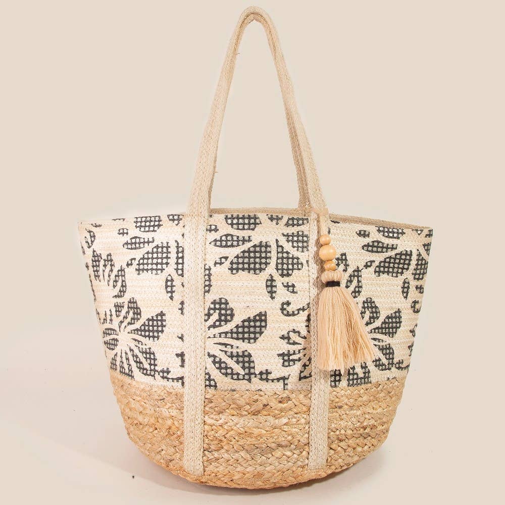 Leaf Pattern Jute Tote Bag