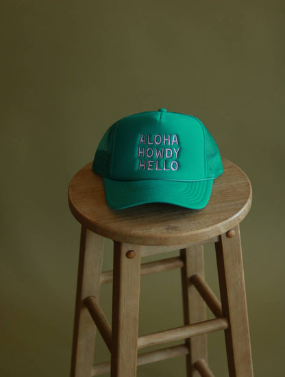 Aloha Howdy Hello Trucker hats: Beige